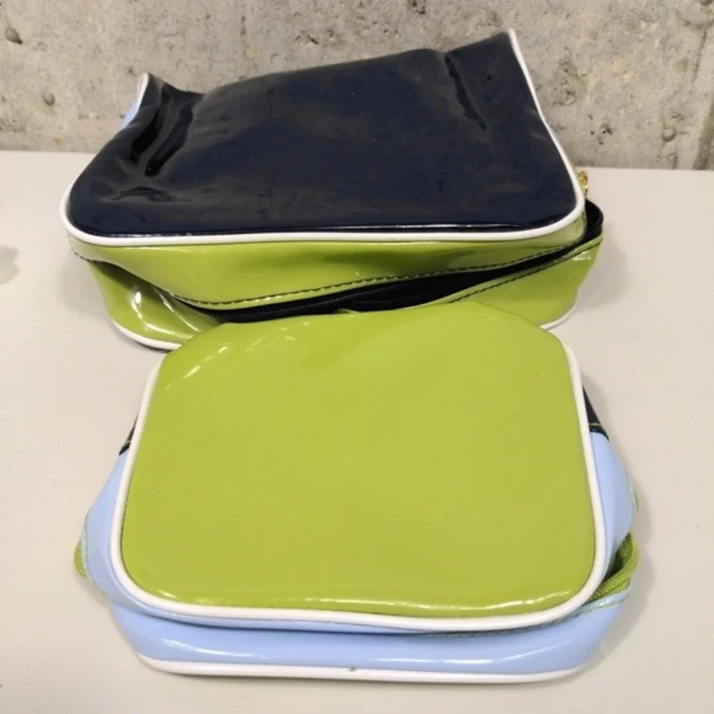 Estee Lauder 2 Piece Cosmetic Bag Set Y2k Style Patent Green‎ Blue Travel Pouch